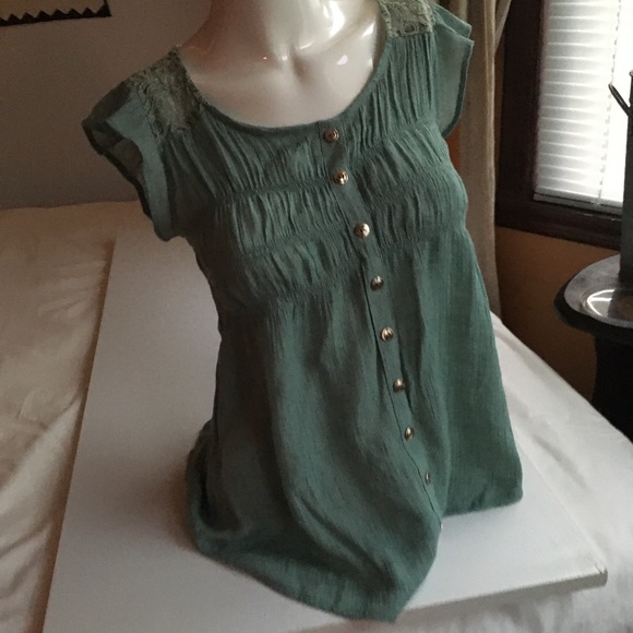 Butterfly Sleeves Ruched Blouse Blue Green Top S - Picture 7 of 7
